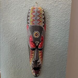 Hand Carved Tribal Mask Aboriginal Art Deco colorful Dot Painting Wall Hanging